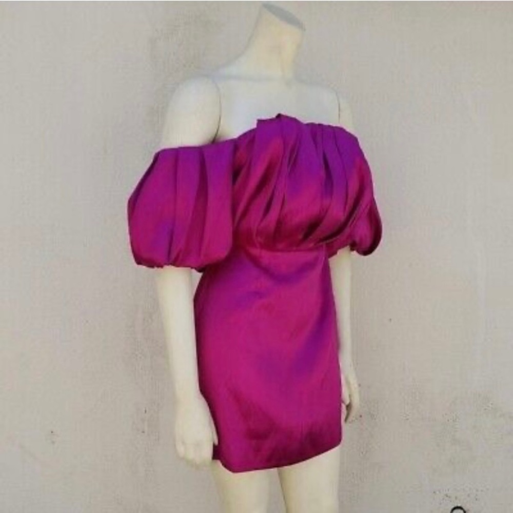 Perfect Holiday Dress! Magenta Mini with blouson sleeve off shoulder.  Very chic